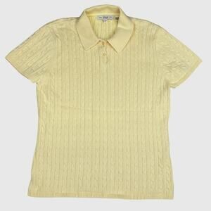 Pria Yellow Cable Knit Polo Sweater 100% Cotton Short Sleeve Women's Size L